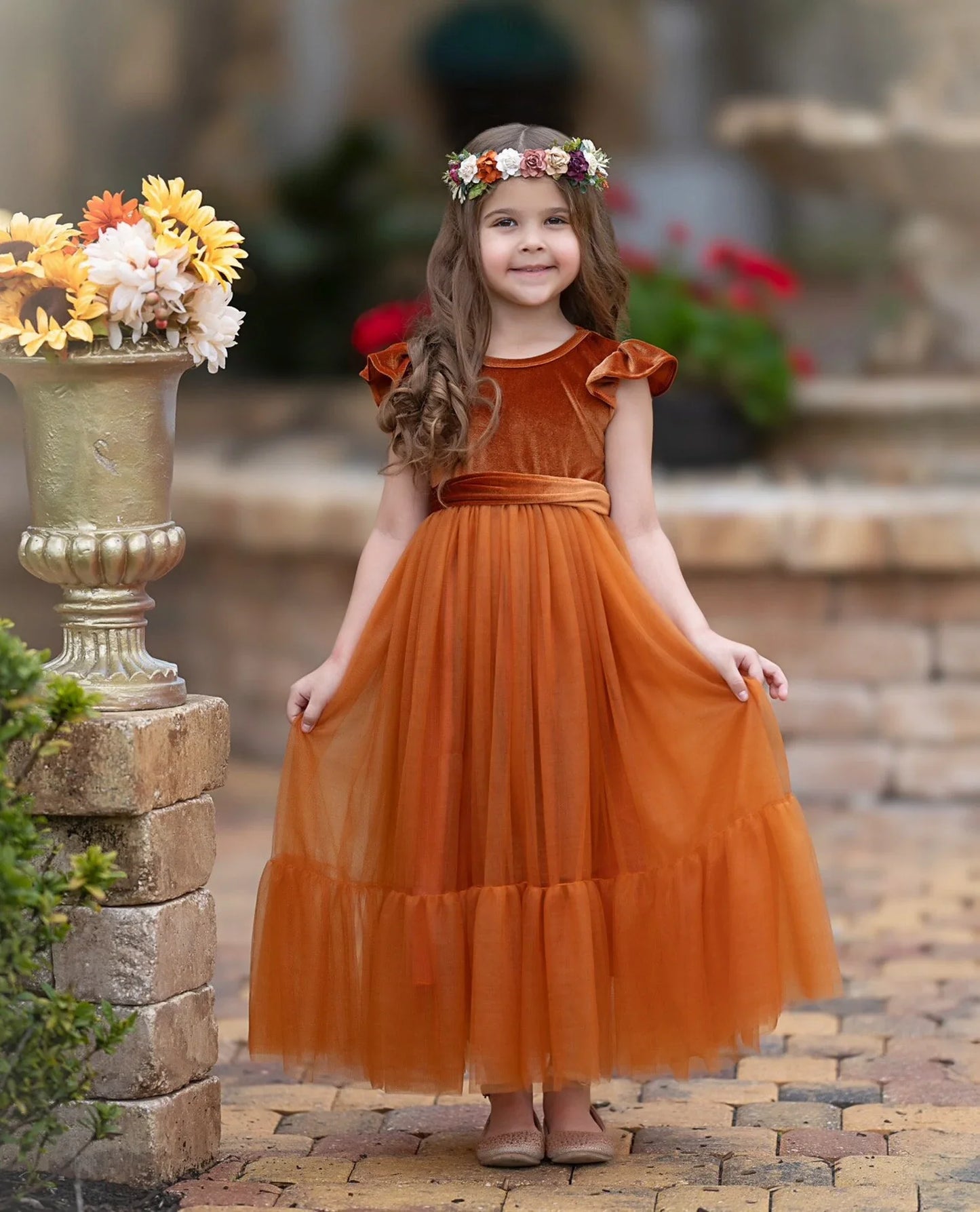 Ruffle Sleeves Velvet and Tulle Flower Girl Dresses