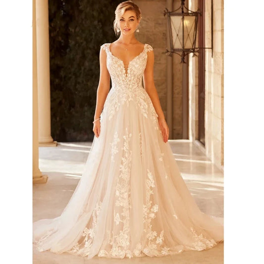 Elegant Wedding Dress For Women V-Neck Cap Sleeve Lace Appliques Vestidos De Novia With Button Sweep Train-payinti