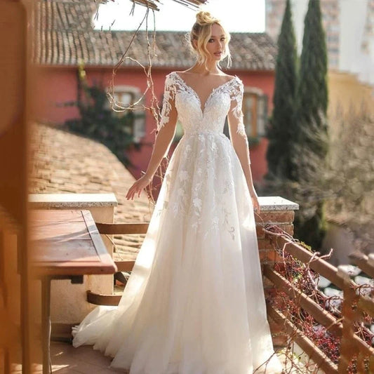 Elegant Wedding Dresses V-Neck Long Sleeves Lace Appliques Vestido De Noiva Backless Tulle Vestidos De Novia-payinti