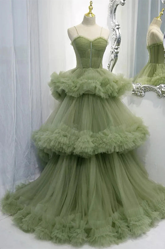 Elegant Straps Pleated Green Tiered Tulle Formal Dress VMP100