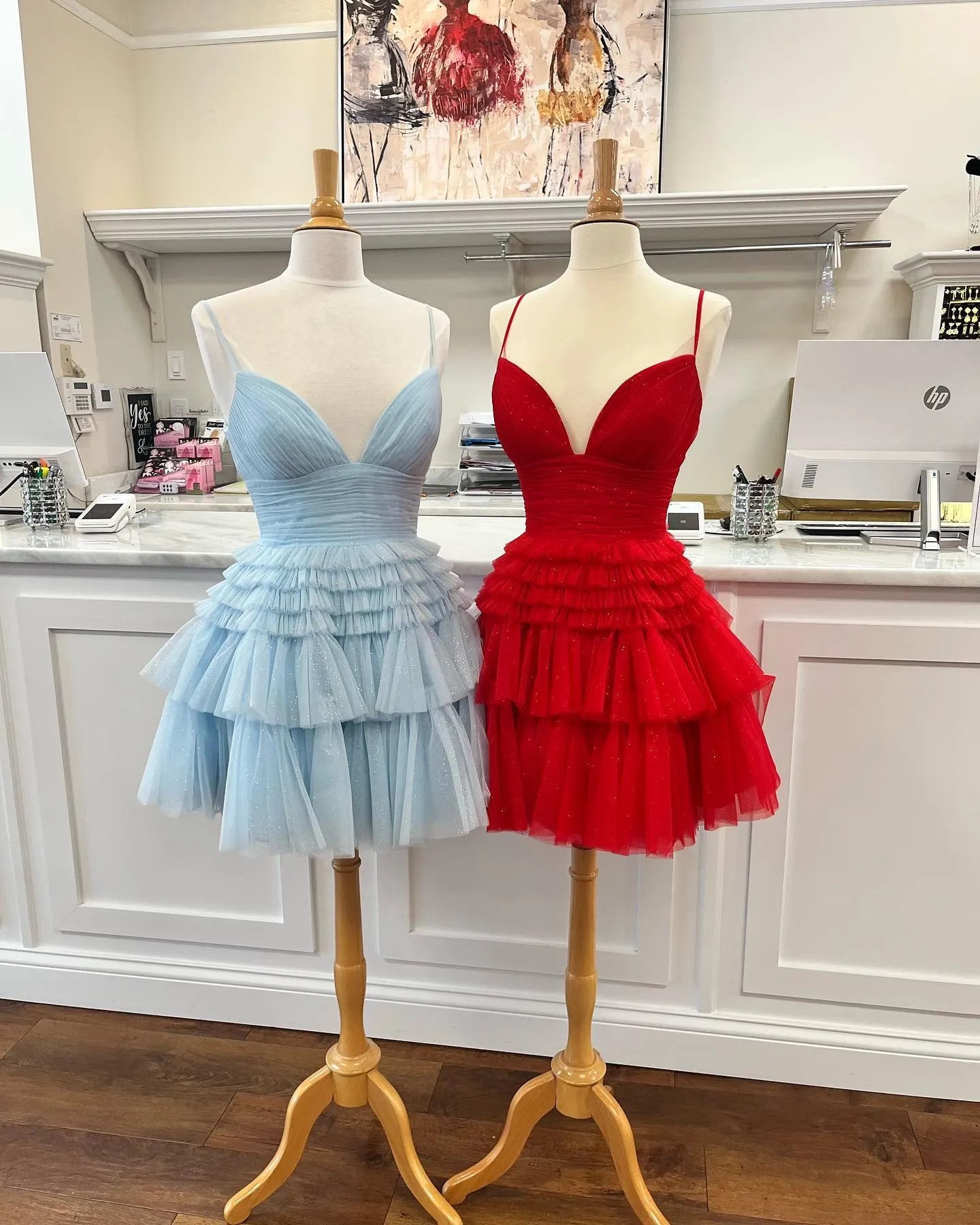 Straps Sparkly Tulle Homecoming Dress with Tiered Ruffle Skirt VMH91