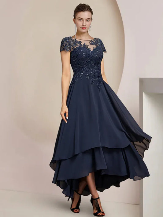 Groom Mother of the Bride Dress Wedding Guest High Low Scoop Neck Asymmetrical Tea A-Line Length Formal Evening Gown-payinti