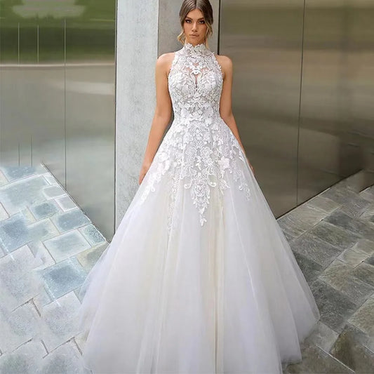 High Neck Vestidos De Novia Appliques Vestido De Noiva Sleeveless Wedding Dresses Lace Robe De Mariée-payinti