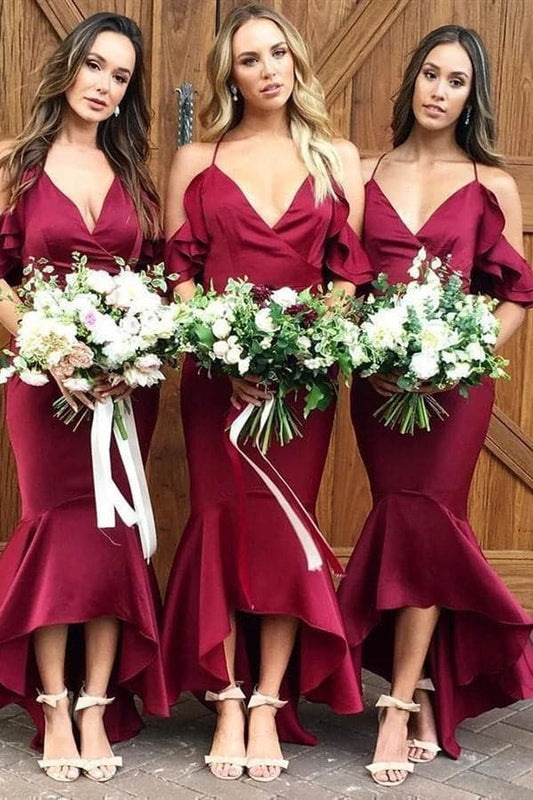 High Low Mermaid Burgundy Bridesmaid Dress VMB56