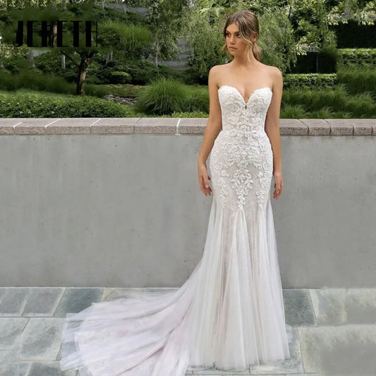 Elegant Lace Mermaid Wedding Gown Sweetheart Sleeveless Backless Floor Length Bride Dress Sweep Train Custom Made-payinti