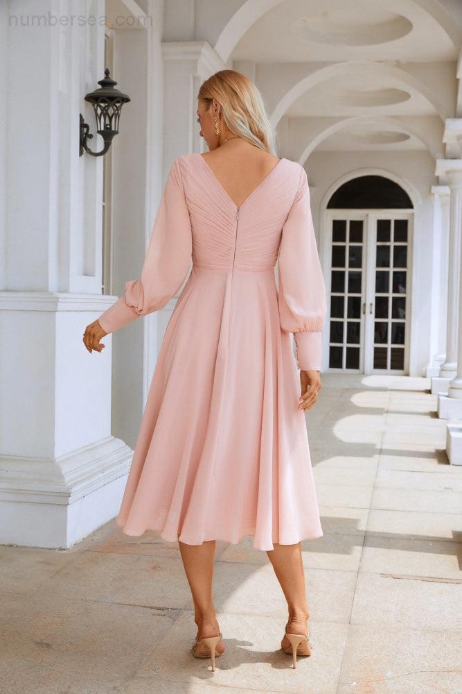 Women Chiffon V Neck Long Sleeves Knee Length Bridesmaid Prom Evening Dress Wedding Party Shopping SEA28107