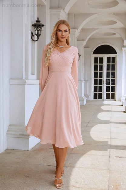 Women Chiffon V Neck Long Sleeves Knee Length Bridesmaid Prom Evening Dress Wedding Party Shopping SEA28107