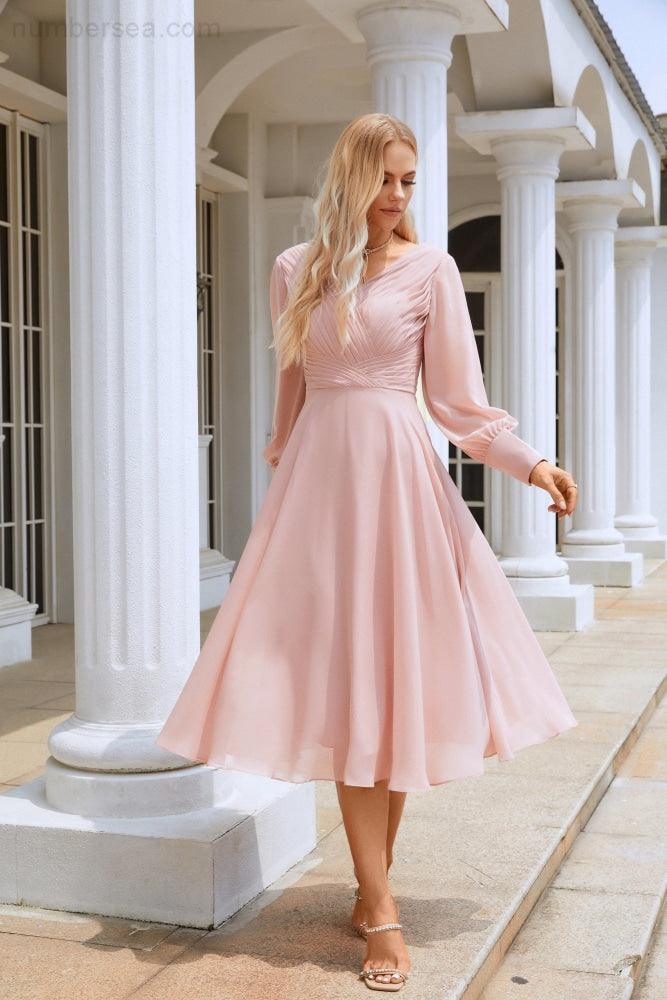 Women Chiffon V Neck Long Sleeves Knee Length Bridesmaid Prom Evening Dress Wedding Party Shopping SEA28107