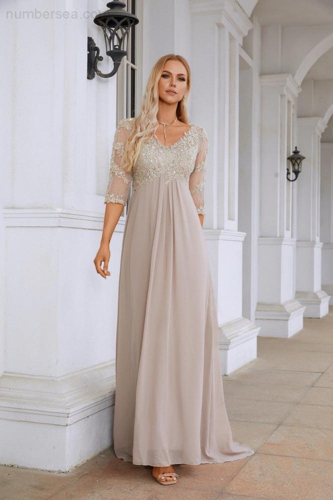 Women Chiffon V Neck Long Half Sleeves  Mother of Bride Dress Wedding Wedding Party  28108