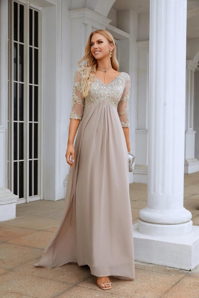 Women Chiffon V Neck Long Half Sleeves  Mother of Bride Dress Wedding Wedding Party  28108