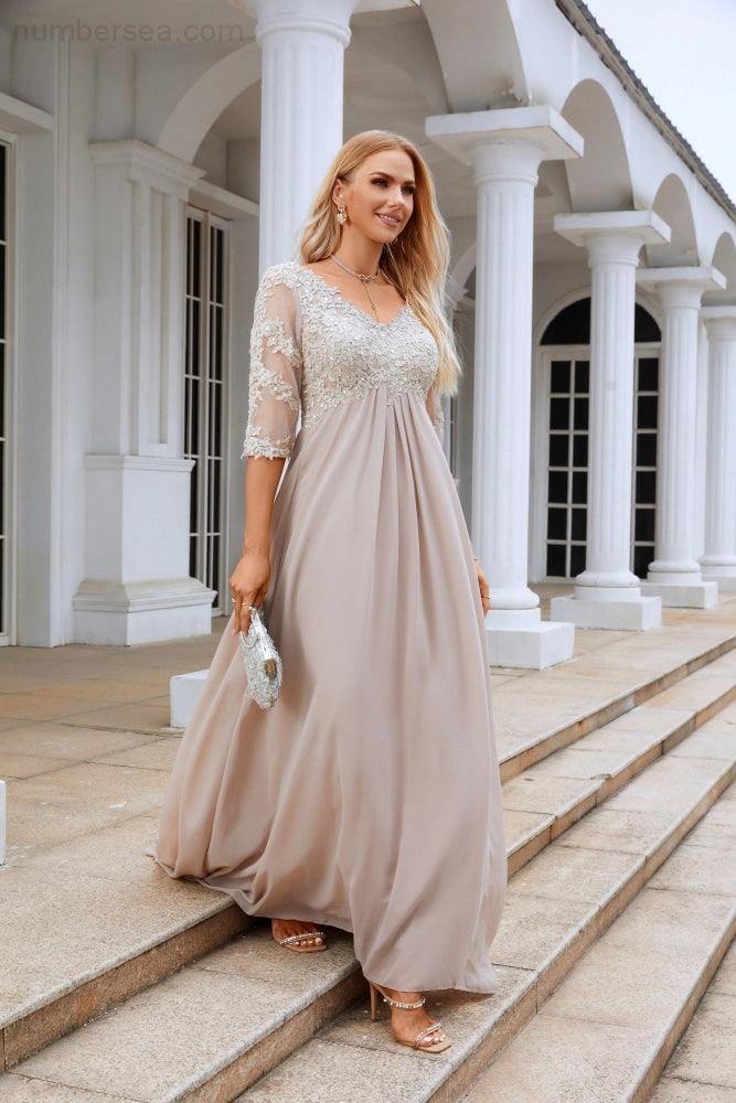 Women Chiffon V Neck Long Half Sleeves  Mother of Bride Dress Wedding Wedding Party  28108