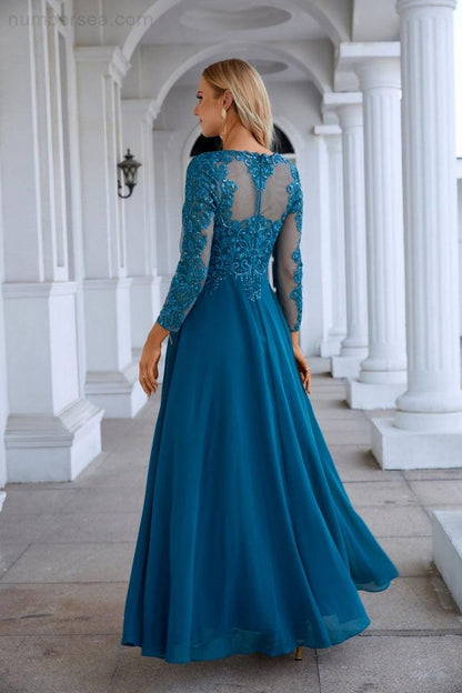 Chiffon Lace Long Sleeve Round Neck Bridesmaid Evening Dress Wedding Party Prom Evening Dress 28132