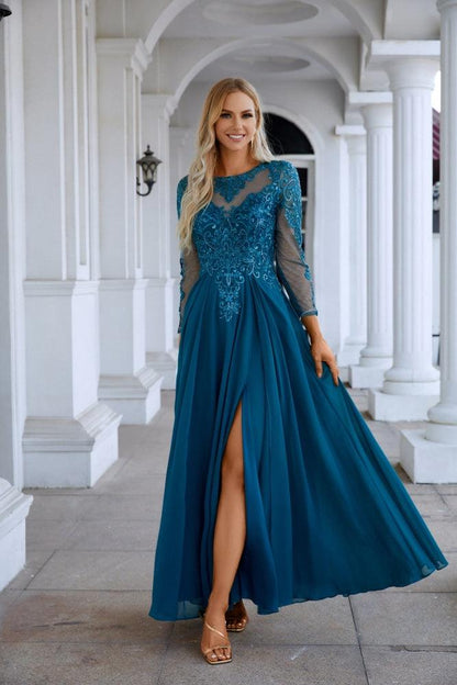 Chiffon Lace Long Sleeve Round Neck Bridesmaid Evening Dress Wedding Party Prom Evening Dress 28132