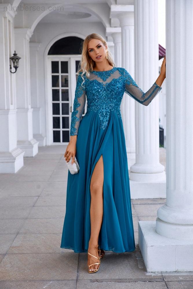 Chiffon Lace Long Sleeve Round Neck Bridesmaid Evening Dress Wedding Party Prom Evening Dress 28132