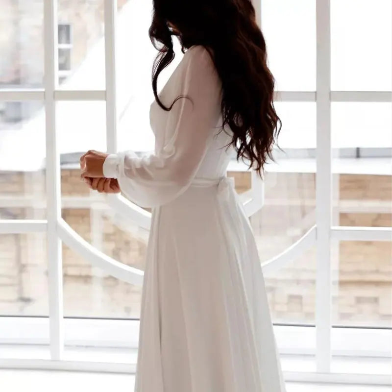 A Line Chiffon Wedding Dresses White Dresses Womens vestidos boda playa vestidos de boda Elopment Full Sleeve Simple-payinti