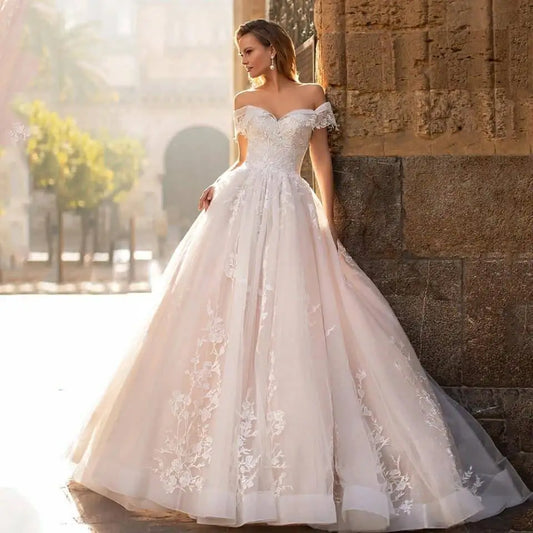 Lace Appliques Princess Wedding Dress Vestido De Noiva V-Neck Vestidos De Novia-payinti