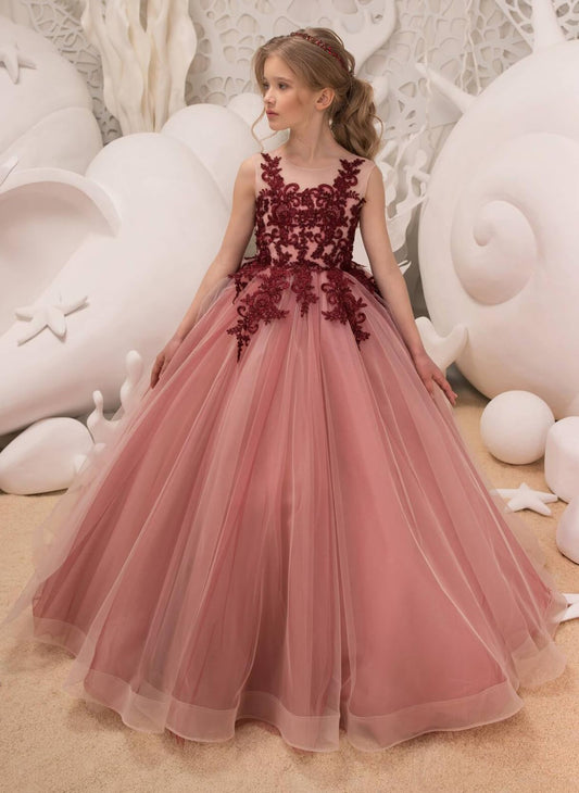 Lace Tulle Flower Girl Dresses for Wedding,Floral Lace Pageant Dress for Teens