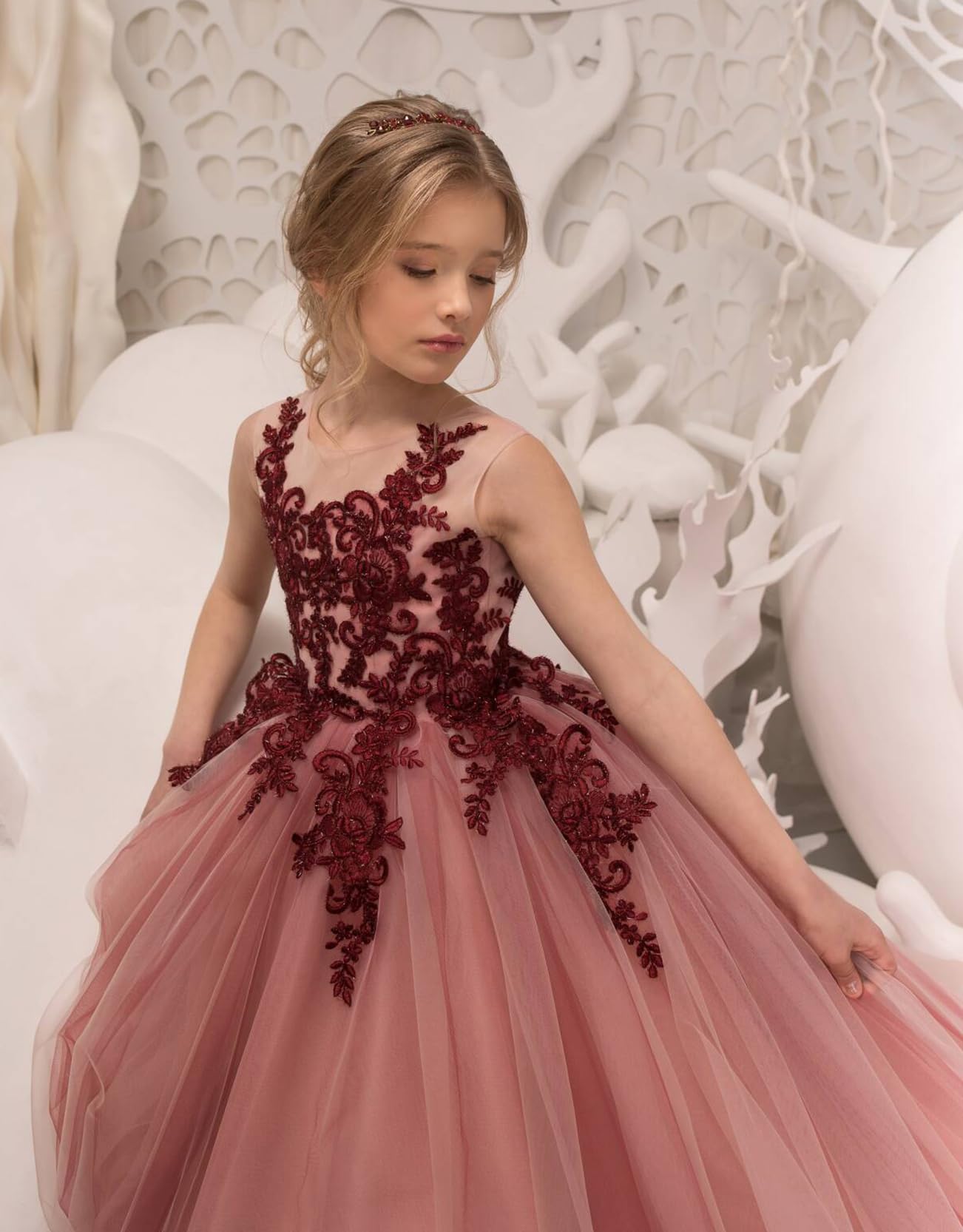 Lace Tulle Flower Girl Dresses for Wedding,Floral Lace Pageant Dress for Teens