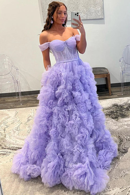 Lavender Off-the-Shoulder Ruffle Layers Prom Dress VMP145