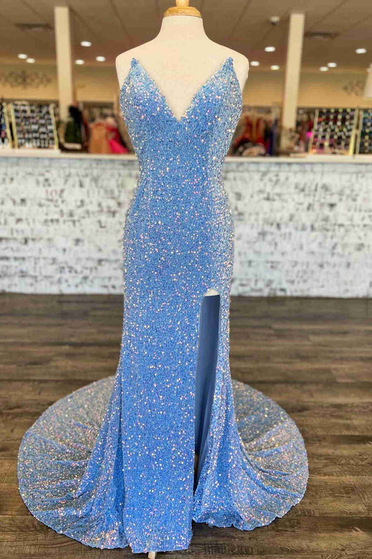 Light Blue Sequin Prom Dress With Slit VMP151