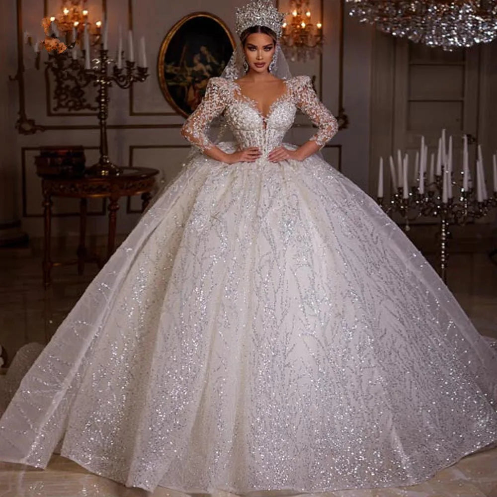 Luxurious Ball Gown Sparkly Wedding Dresses 2023 V Neck Long Sleeve Robe De Mariee Lace Beaded Princess Glitter Vestido De Novia-payinti