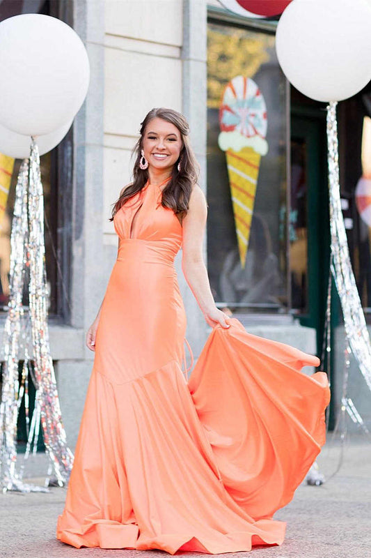 Mermaid Halter Orange Long Prom Dress VMP153