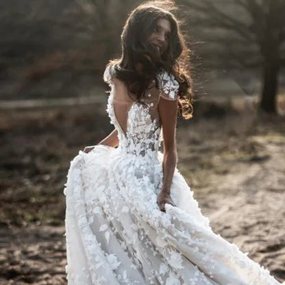 New Romantic Boho Country Wedding Dresses With 3D Flowers Sexy V-Neck Illusion Arabic Bridal Wedding Gowns-payinti