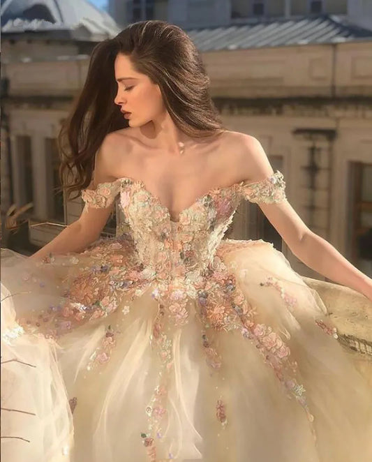 Off the Shoulder Sweetheart Tulle Long Evening Gowns 3D Flowers Appliques Formal Party Dresses Princess Ball Gown Prom Dresses-payinti