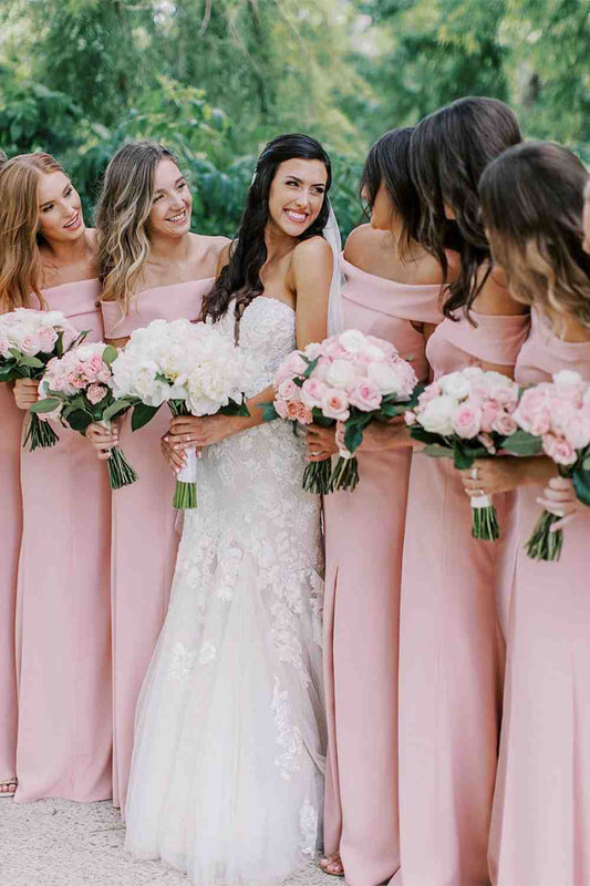 Off the Shoulder Pink Bridesmaid Dress with Slit VMB75