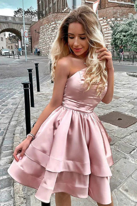 One Shoulder Homecoming Dress Satin Short Cocktail Dress VMH70