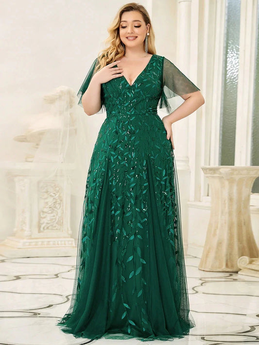 Plus Size Evening Dresses Long A-LINE V-Neck Half Sleeves Floor-Length Gown 2023 Ever Pretty of Dark Green Prom Women Dress-payinti