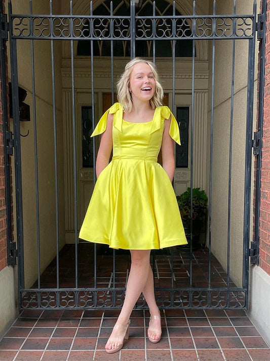 Satin Yellow Homecoming Dress Knee-Length Dresses  VMH53