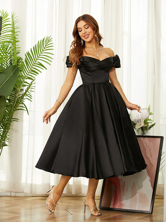 Homecoming Dresses Off the Shoulder Tea-Length Dresses VMH61