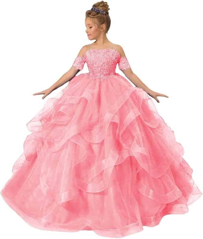 Off Shoulder Flower Girl Dress for Wedding Beaded Princess Pageant Dresses