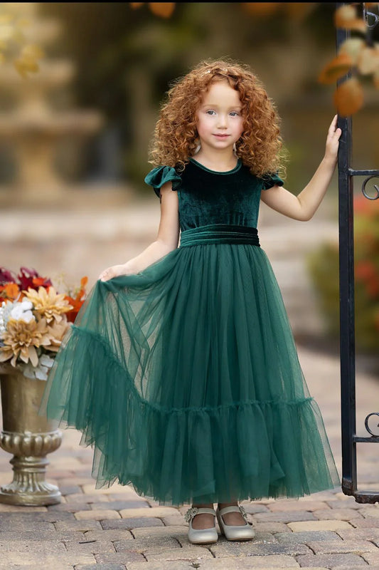 Ruffle Sleeves Velvet and Tulle Flower Girl Dresses