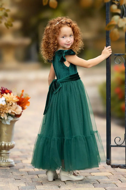 Ruffle Sleeves Velvet and Tulle Flower Girl Dresses