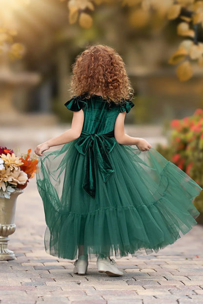 Ruffle Sleeves Velvet and Tulle Flower Girl Dresses