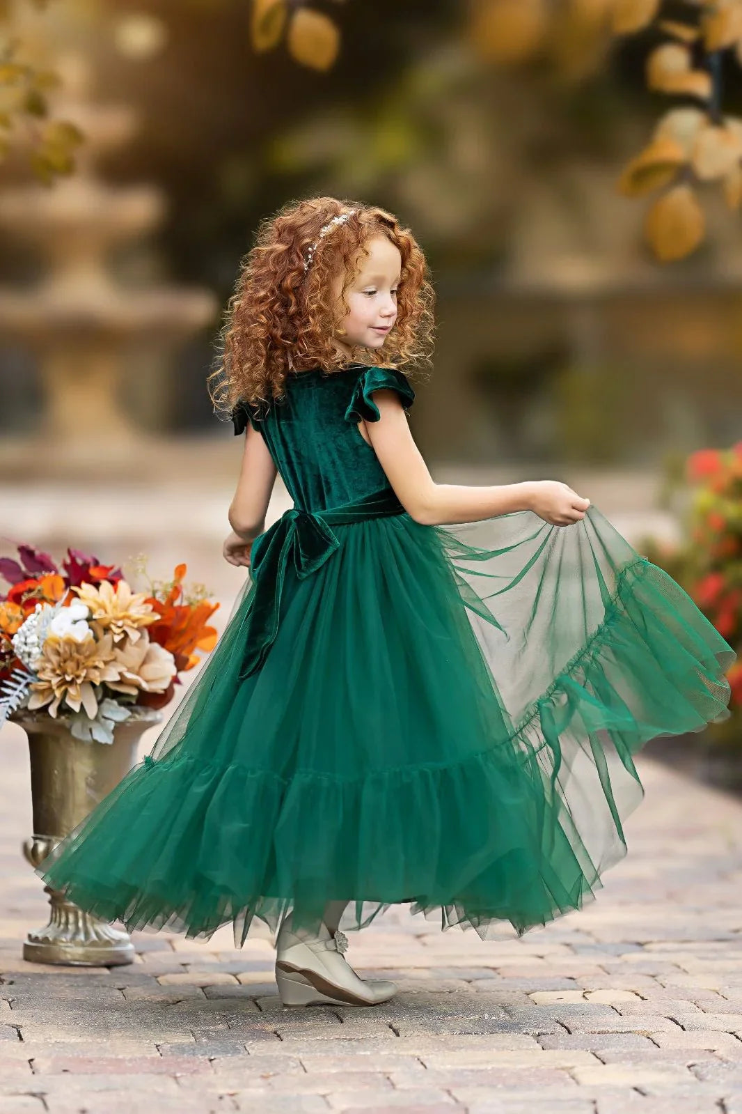 Ruffle Sleeves Velvet and Tulle Flower Girl Dresses