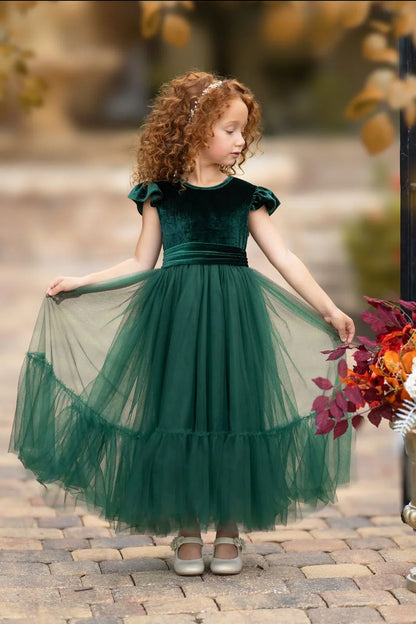 Ruffle Sleeves Velvet and Tulle Flower Girl Dresses