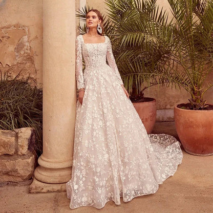 Square Collar A-line Wedding Dress Lace Appliques Long Sleeves Court Train vestidos de novia-payinti