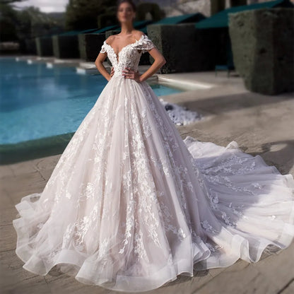 Custom Gorgeous Appliques Flowers Ball Gown Wedding Dresses Luxury Beading Boat Neck Lace Up Princess Robe De Mariée-payinti