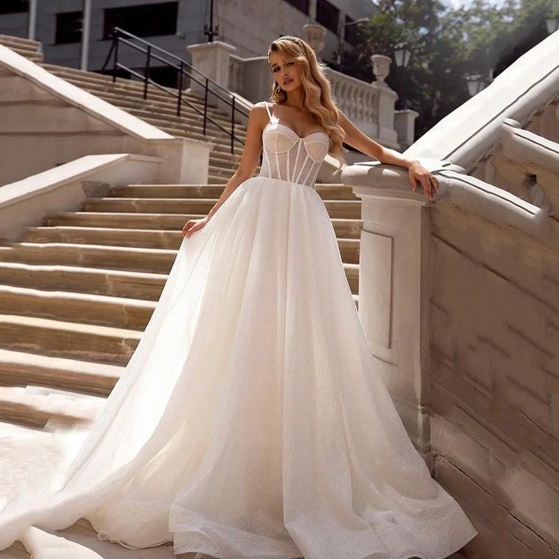 Simple Wedding Dresses With Shiny Tulle Sexy Spaghetti Straps Vestidos De Novia Custom-Made Vestido De Noiva-payinti