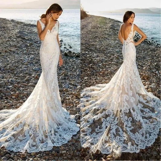 Sexy V-Neck Backless Mermaid Vestidos De Novia Appliques Vestido De Noiva Sweep Train Beach Wedding Dresses Lace Robe De Mariée-payinti