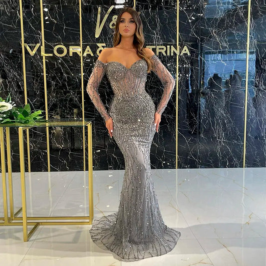 Luxury Dubai Gray Mermaid Evening Dress Elegant Off Shoulder Gold Prom Formal Dresses for Women Wedding Party SS357-payinti