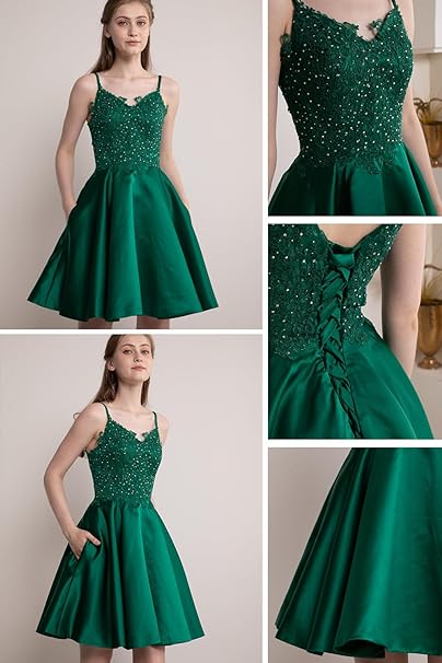 Lace Short Beaded Homecoming Dresses Satin Prom Dress with Pockets VMH82