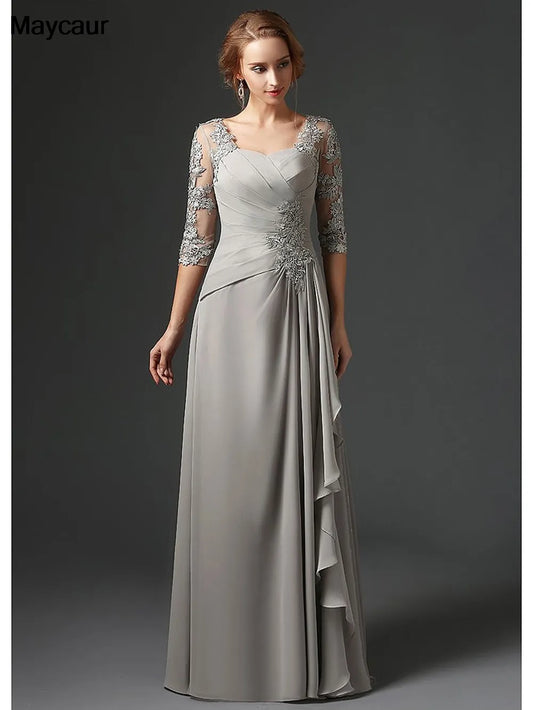 Silver 2023 Mother Of The Bride Dresses A-line 3/4 Sleeves Chiffon Lace Plus Size Long Elegant Groom Mother Dresses Wedding-payinti