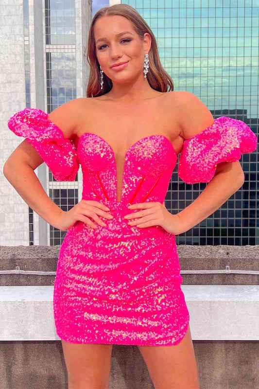 Puff Sleeves Hot Pink Homecoming Dress VMH26