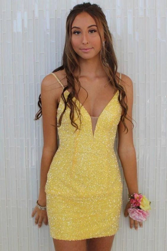 Tight Yellow Beaded Short Homecoming Dress VMH27