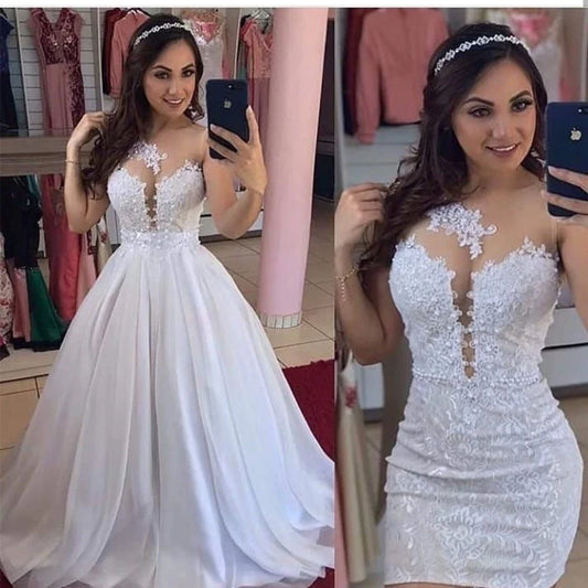 Two Pieces Detachable Train Wedding Dresses Sheath Illusion Lace 2 in 1 Bridal Gowns Vestidos de noiva-payinti