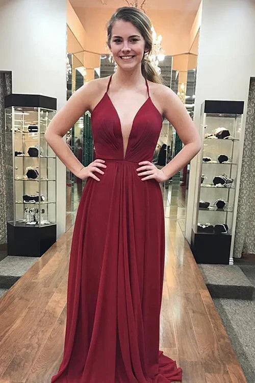 V Neck A-Line Long Prom Dress with Slit VMB65